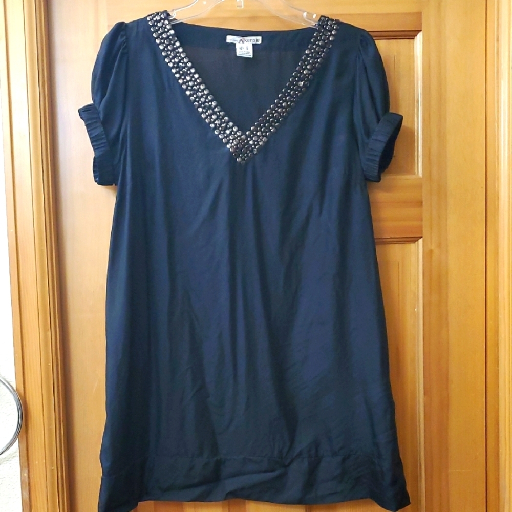 Kenzie 100% Silk Black Beaded V-Neck Shirt
